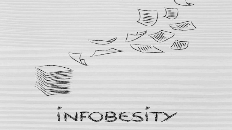 Illustration of flying papers with the word “Infobesity” below