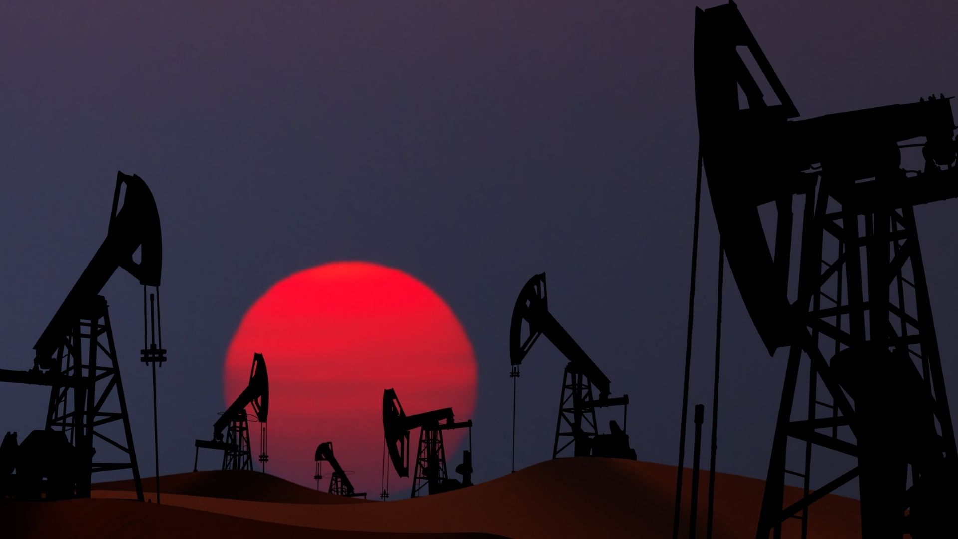 Silhouetted oil pumps against a large, glowing red orb in a dark, foreboding sky, depicting environmental degradation