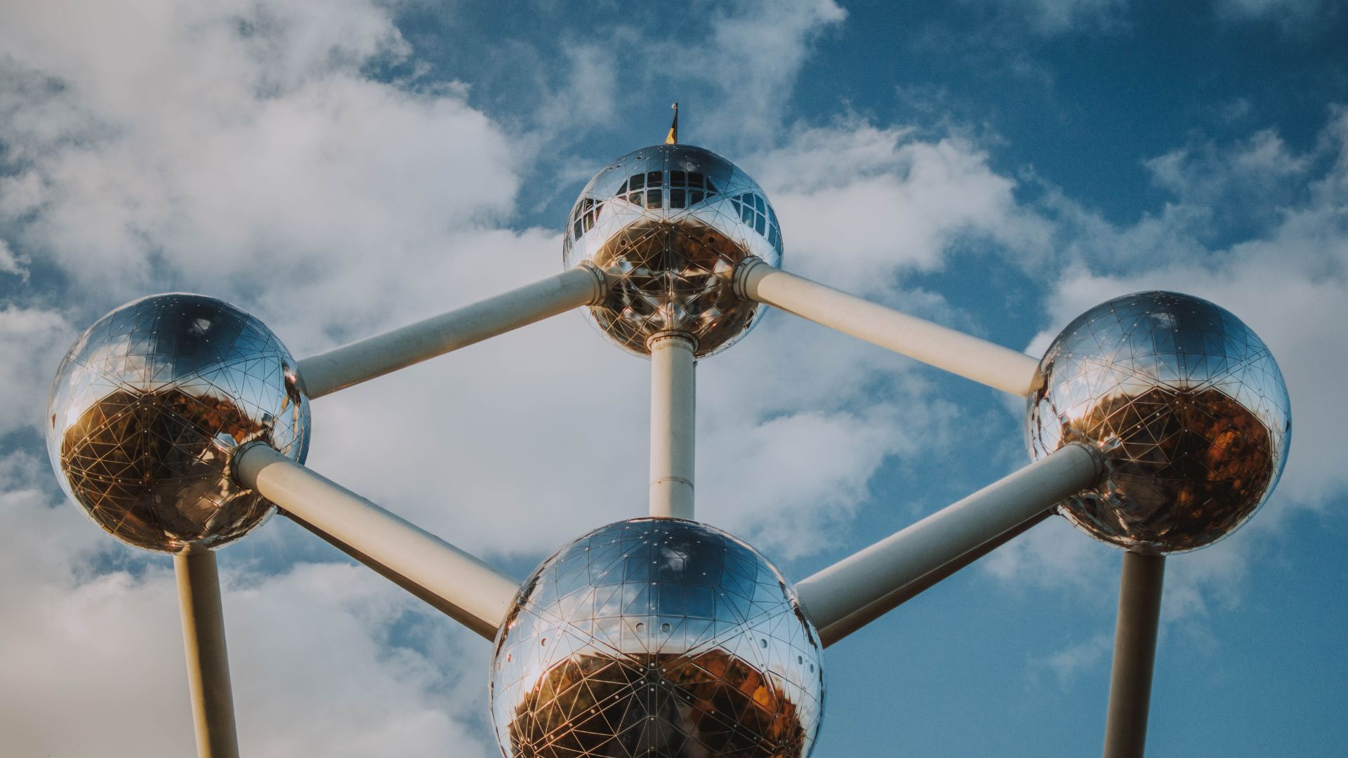 A close-up view of the Atomium, a giant model of an iron crystal, in Brussels