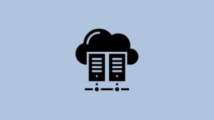 A black cloud icon with a server rack underneath, connected to a network. The background is light blue