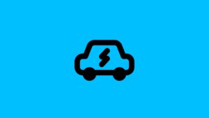 A black car icon with a lightning bolt inside, set against a blue background