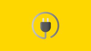 A black electrical plug icon inside a gray circle, set against a yellow background