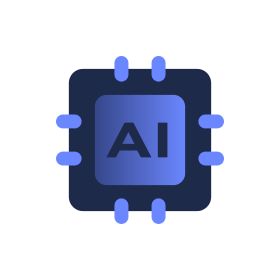 Icon of a microchip labeled "AI," symbolizing artificial intelligence technology