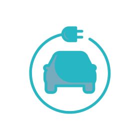 Blue icon of a car with an electric plug, representing electric vehicles (EVs).