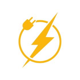 Yellow icon of a lightning bolt inside a circle with a plug, symbolizing electricity