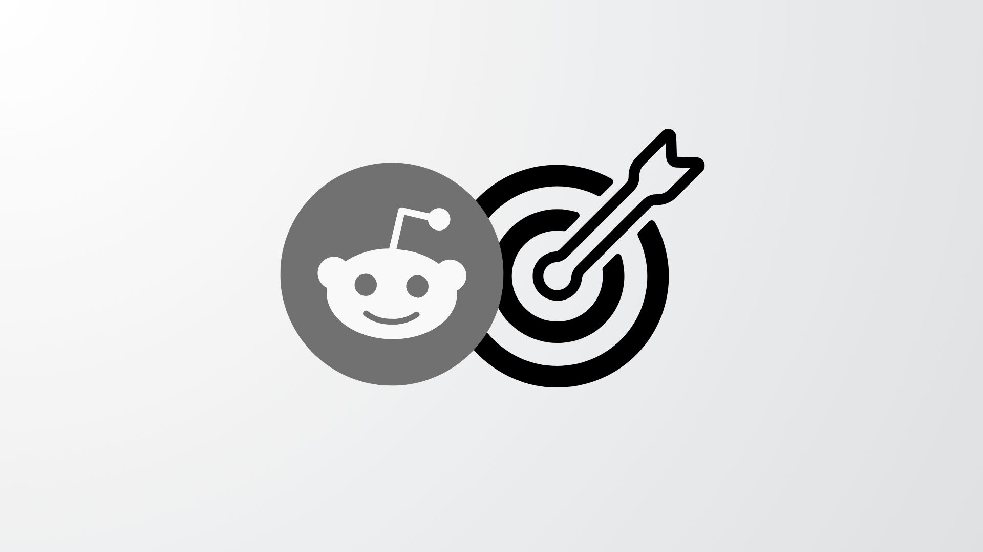 The Reddit alien logo on a gray circle next to a black target with an arrow, on a gray background
