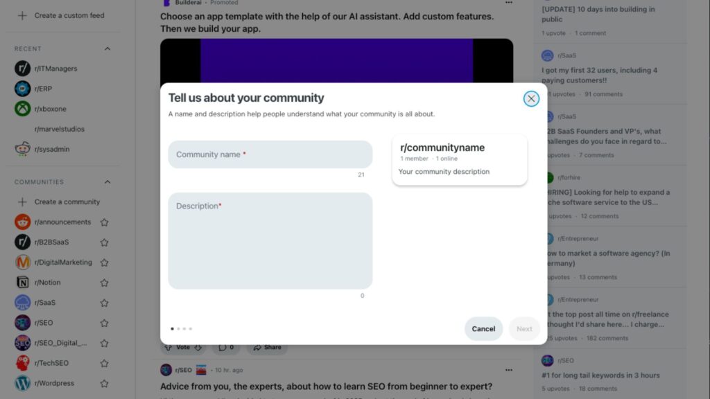 Screenshot of A Reddit interface showing a "Create a Community" form with fields for community name and description, alongside a preview