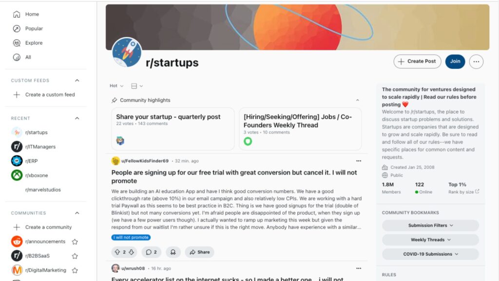 rstartups Screenshot of the r/startups subreddit showing discussions on startup challenges, including user concerns about free trial conversions and marketing strategies