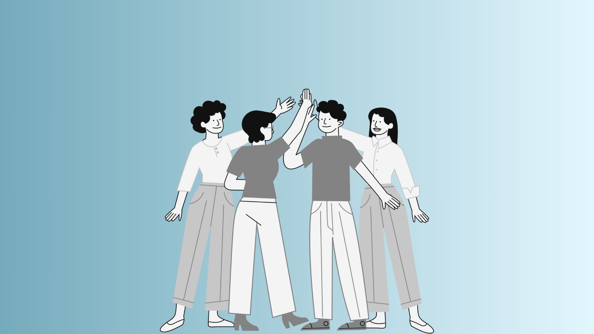 An illustration depicts four people facing each other, two in the front giving each other a high-five, and two in the back observing