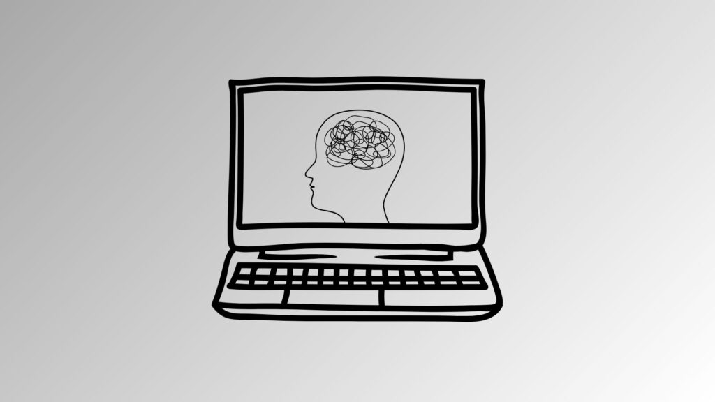 An illustration of a person's head with a brain inside a lightbulb, connected to a laptop