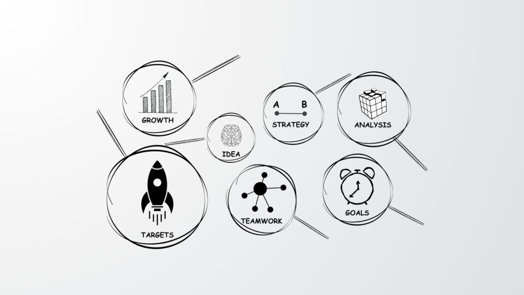 Hand-drawn business icons for growth, idea, strategy, analysis, targets, teamwork, and goals