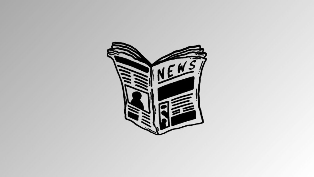 A hand-drawn illustration of an open newspaper with the word "NEWS" on the front page