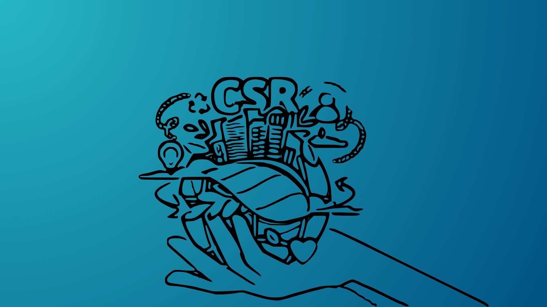 Illustration of a hand holding symbols representing Corporate Social Responsibility (CSR) including buildings leaves and community icons