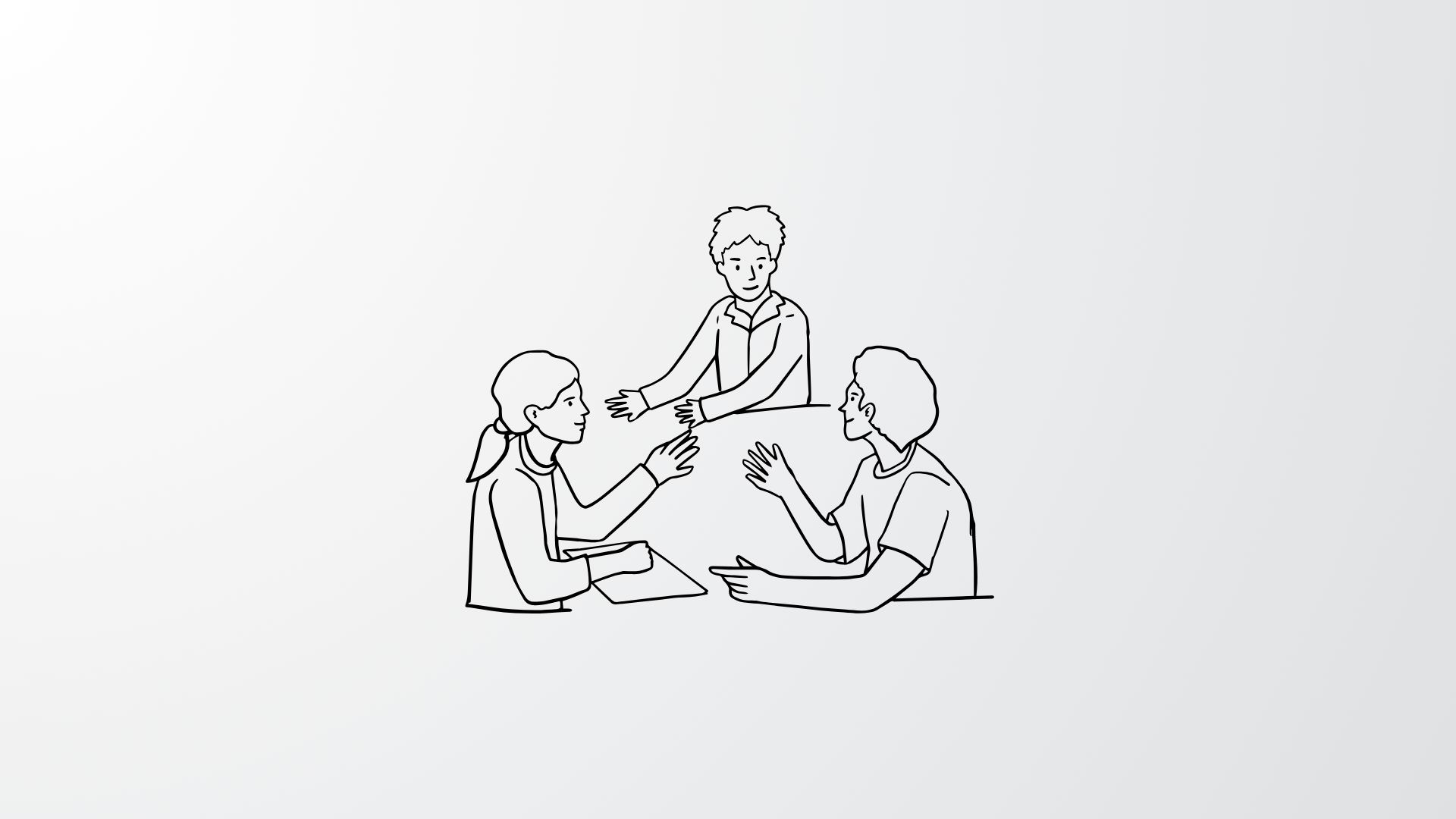 Line drawing of three people at a table discussing, depicting buyer personas or ideal customer profiles