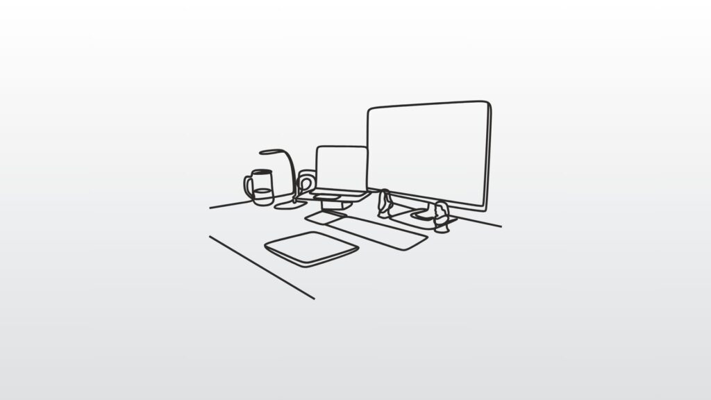 Line drawing of a minimalist computer desk setup