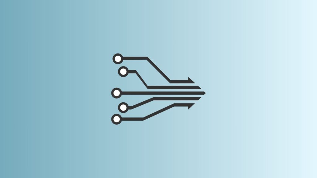 A stylized circuit board design featuring four horizontal lines converging into a single, wider arrow pointing to the right