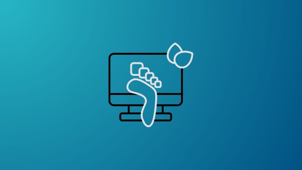 Computer monitor with a digital footprint and leaves representing the digital carbon footprint concept