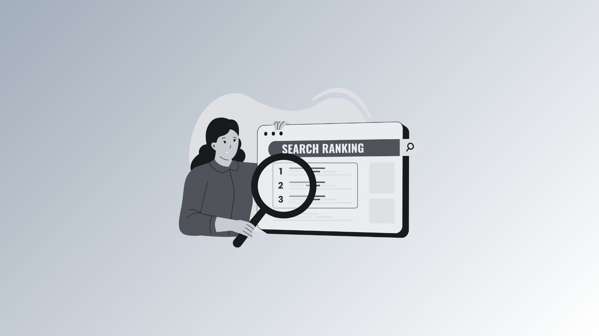 A woman holding a magnifying glass over a search ranking display