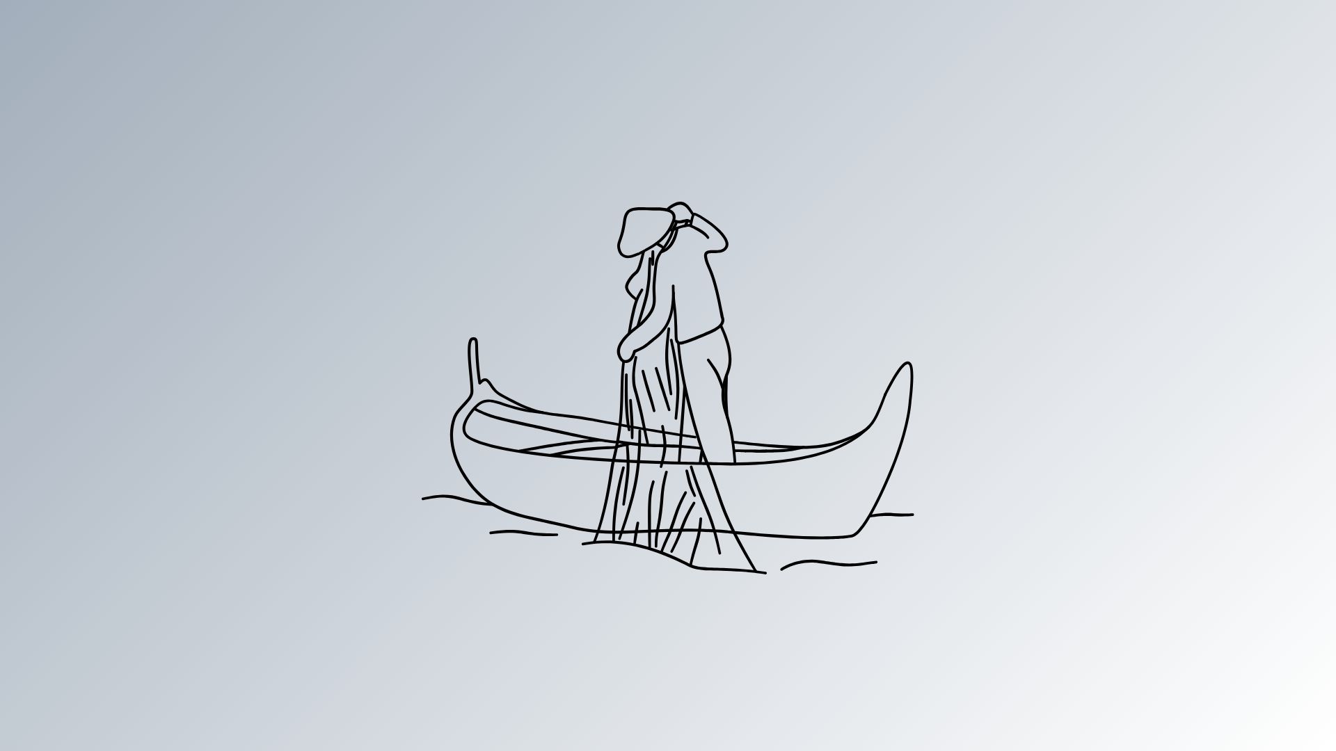 Line drawing of a fisherman in a canoe