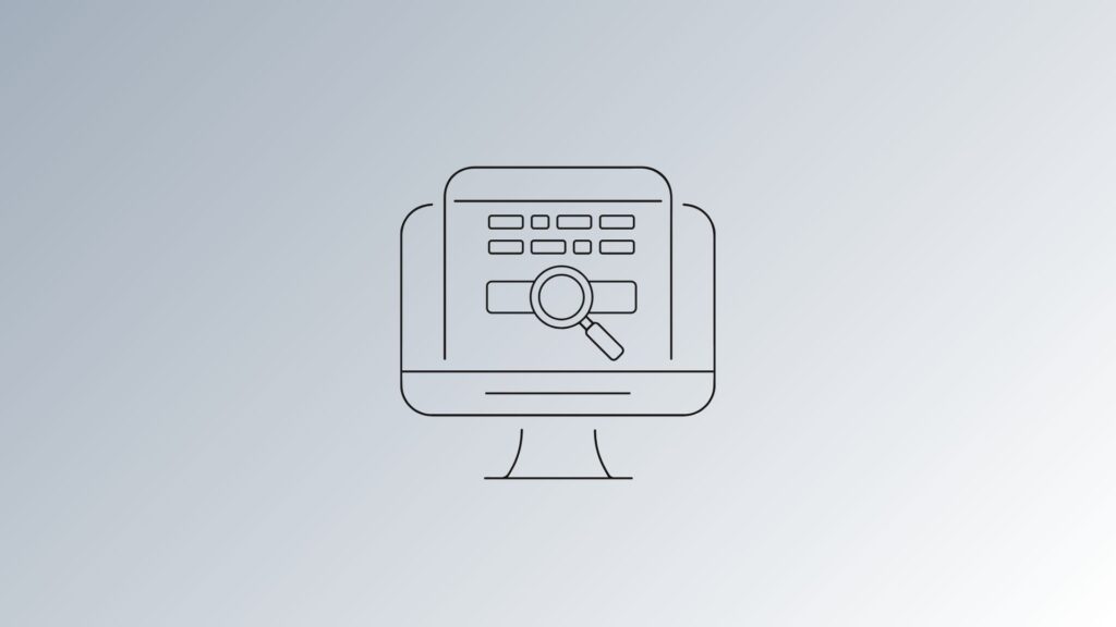 Line drawing of a computer screen with a magnifying glass highlighting the search bar