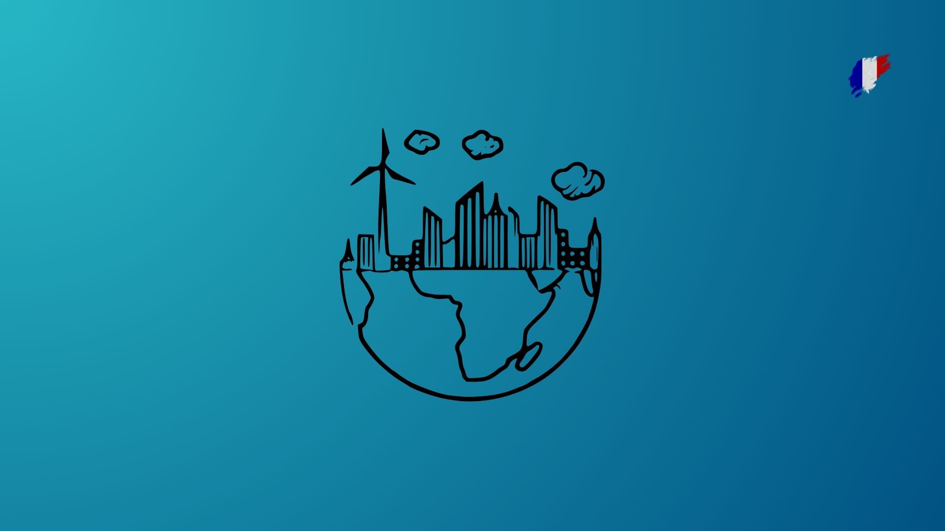 Line drawing of a city on a globe with a wind turbine, representing sustainable urban development